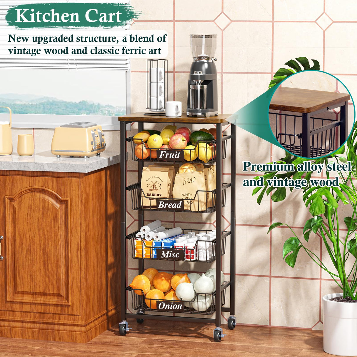 OKZEST Fruit Basket, 5-Tier Utility Kitchen Organizer and Storage Cart with Pull-Out Baskets and Wood Top, Rolling Pantry Kitchen Cart on Wheels for Fruit Potato Onion Vegetable Snack Produce OKZEST