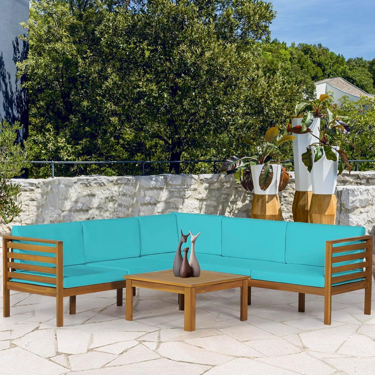 PayLessHere Patio Furniture 4 Pieces Outdoor Furniture L-Shaped Sectional Sofa Conversation Sets Patio Corner Set with Coffee Table Acacia Wood and Waterproof Cushion (Blue) PayLessHere