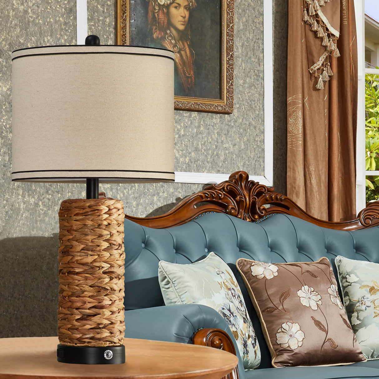 GyroVu Rattan Table Lamp Set of 2, Wicker Lamps, 3 Way Dimmable Touch Seagrass Table lamp with 2 USB Ports and 1 AC Outlet for Bedroom Nightstand Table, Livingroom End Table, Bulbs Include GyroVu