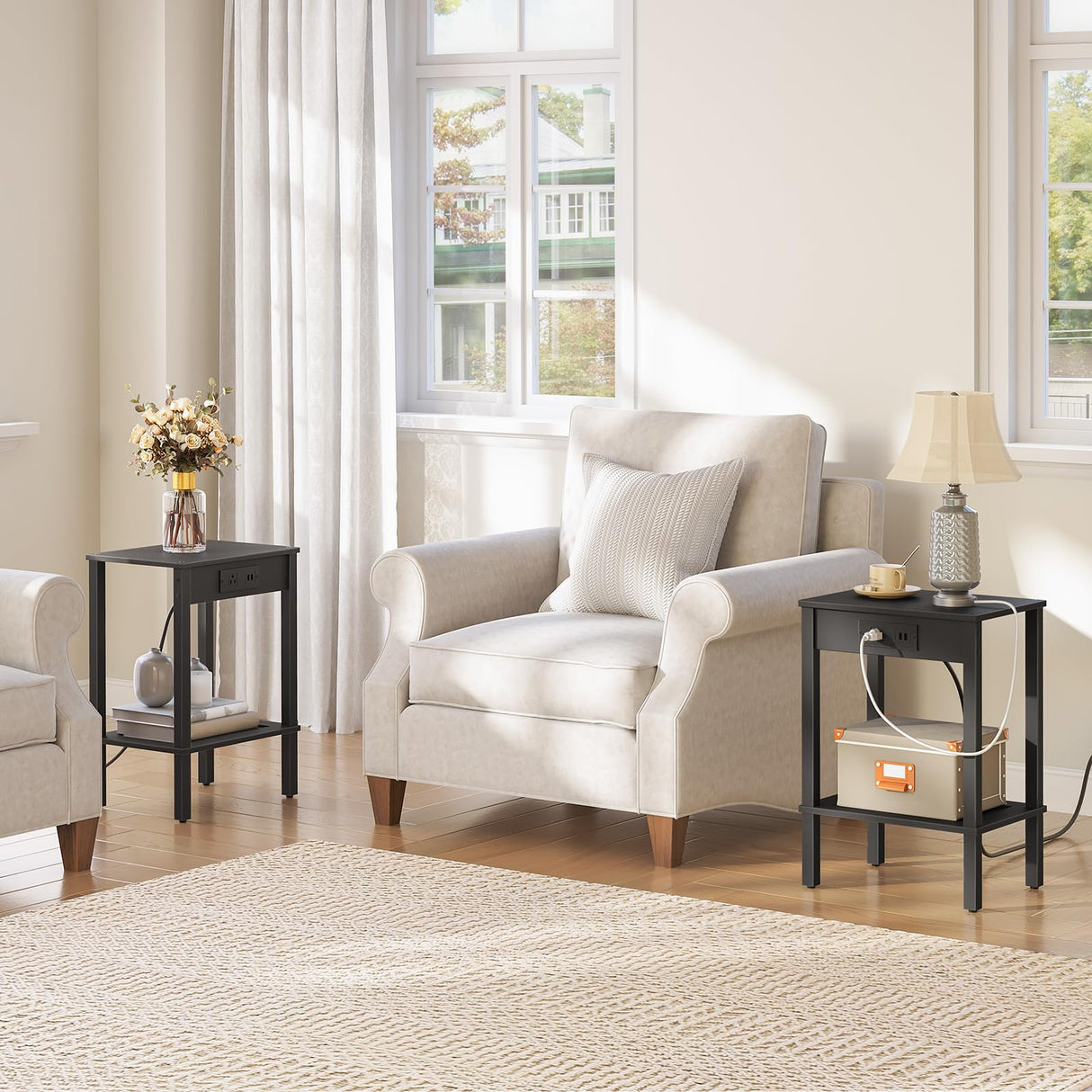 HOOBRO Side Table with Charging Station, Set of 2 End Tables with USB Ports and Outlet, Nightstand with 2-Tier Storage Shelf, for Living Room, Bedroom, Small Space, Black BK91UBZP201 HOOBRO