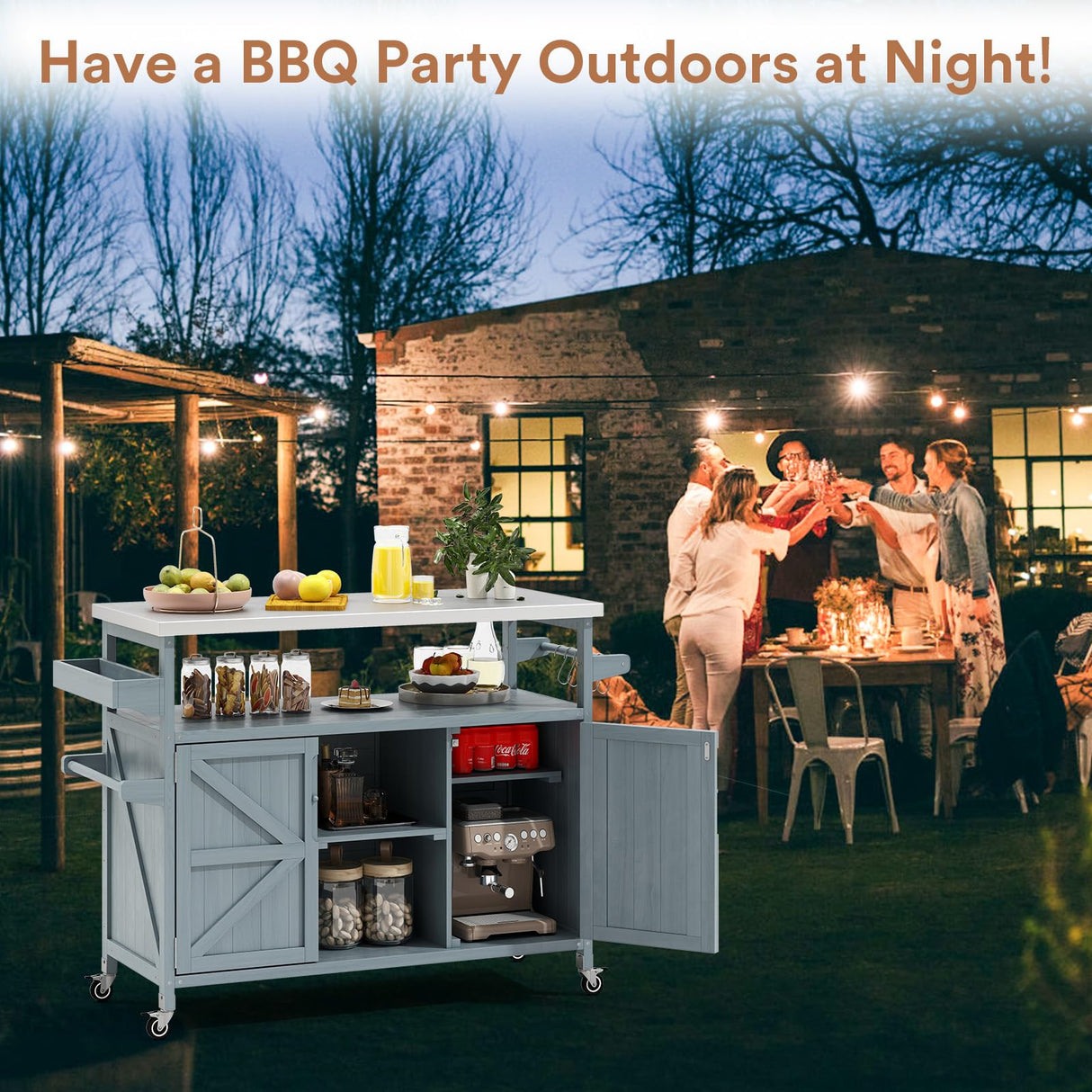 Zevemomo Outdoor Grill Cart, Stainless Steel Tabletop Outdoor Kitchen Island, Solid Wood Outdoor Buffet Cabinet with Lockable Wheels for Grilling, Gray-Blue Zevemomo