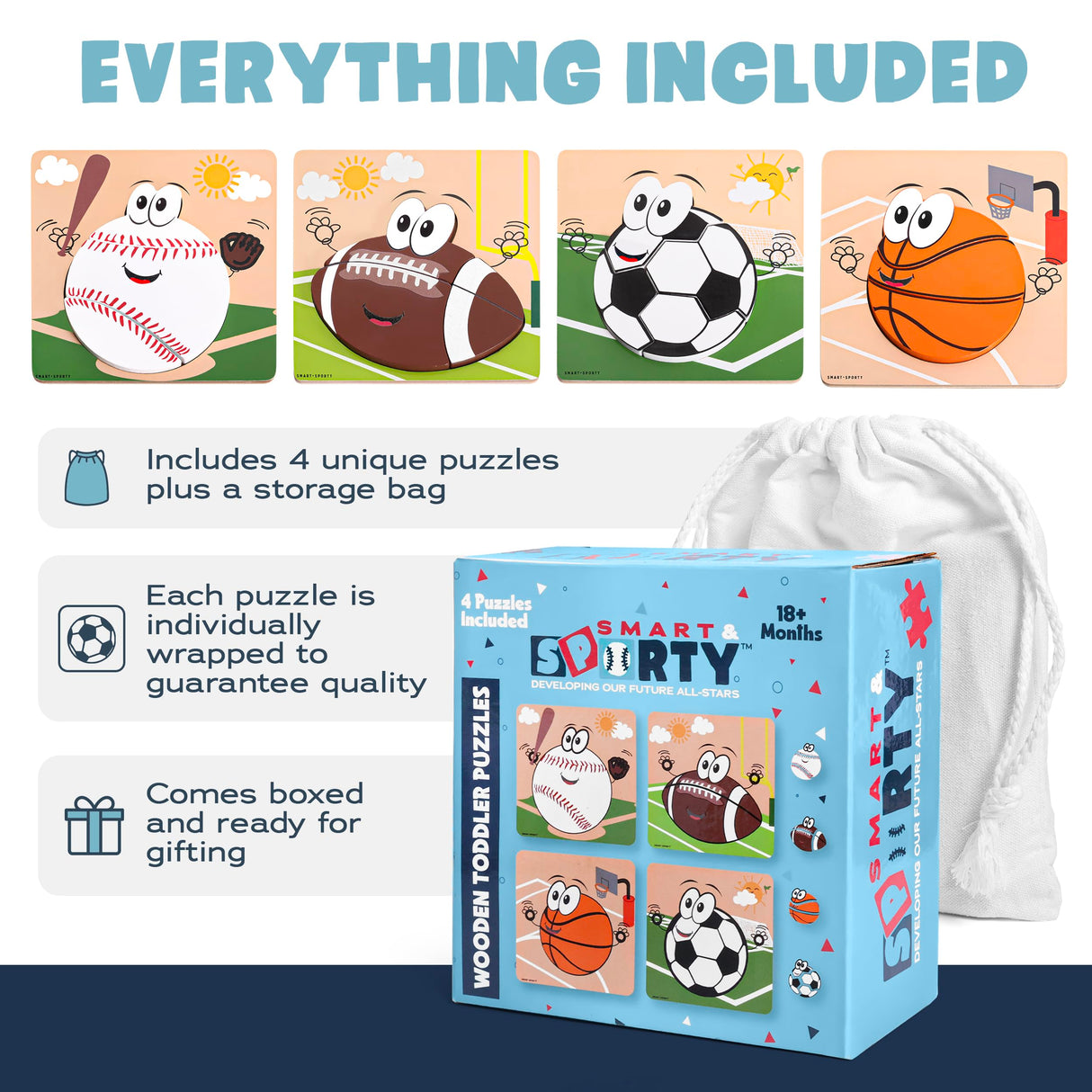 Wooden Puzzles for Toddlers 2-4 | Sports Puzzles | Wood Puzzles for Kids, Toddler Sports Toys for Toddlers, Basketball Toy, Football Toys, Baseball Toy, Soccer Toddler Puzzle 2 3 Year Old Boy Smart and Sporty