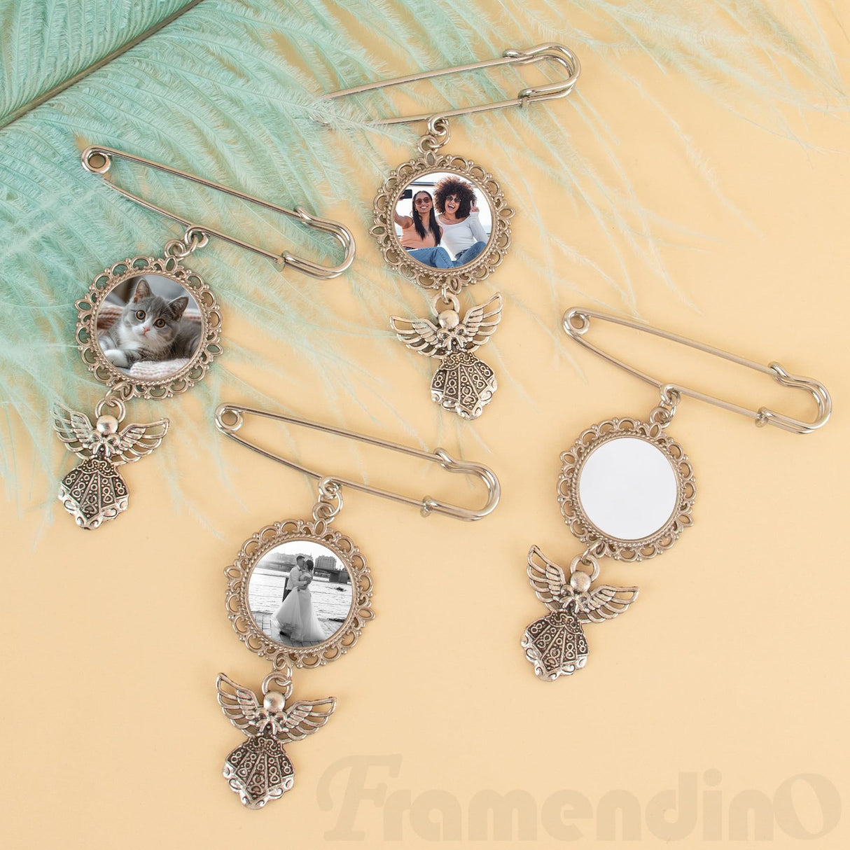 Framendino, 4 Pack Sublimation Blank Bouquet Photo Charms Pin Pouch with Angel Pendant Wedding Memory Bridal Bouquet Picture Charm Clip Bouquet Memorial Charm DIY Jewelry Making 1 Sheet Round Framendino