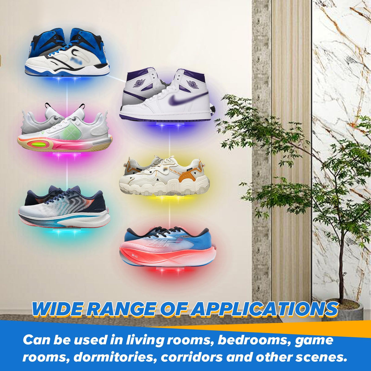 DTNESS 6Pcs Floating Shoe Display Shelf with LEDs, 8 x 3.9 Inch Clear Acrylic Wall Mounted Sneaker Rack, Glowing Levitating Shelves with 15 Screw Kits for Bedroom Gaming Room Shoe Store DTNESS