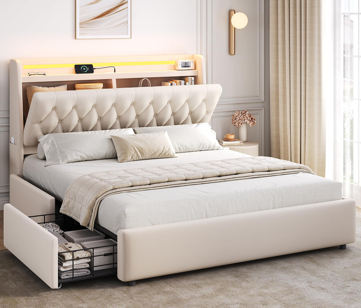 Queen LED Velvet Bed Frame with 2 Storage Drawers&Hidden Headboard, Upholstered Platform Bed with Charging Station&Button Tufted Design, Wooden Slats Support, Box Spring Optional, Easy Assembly, Beige Jocoevol