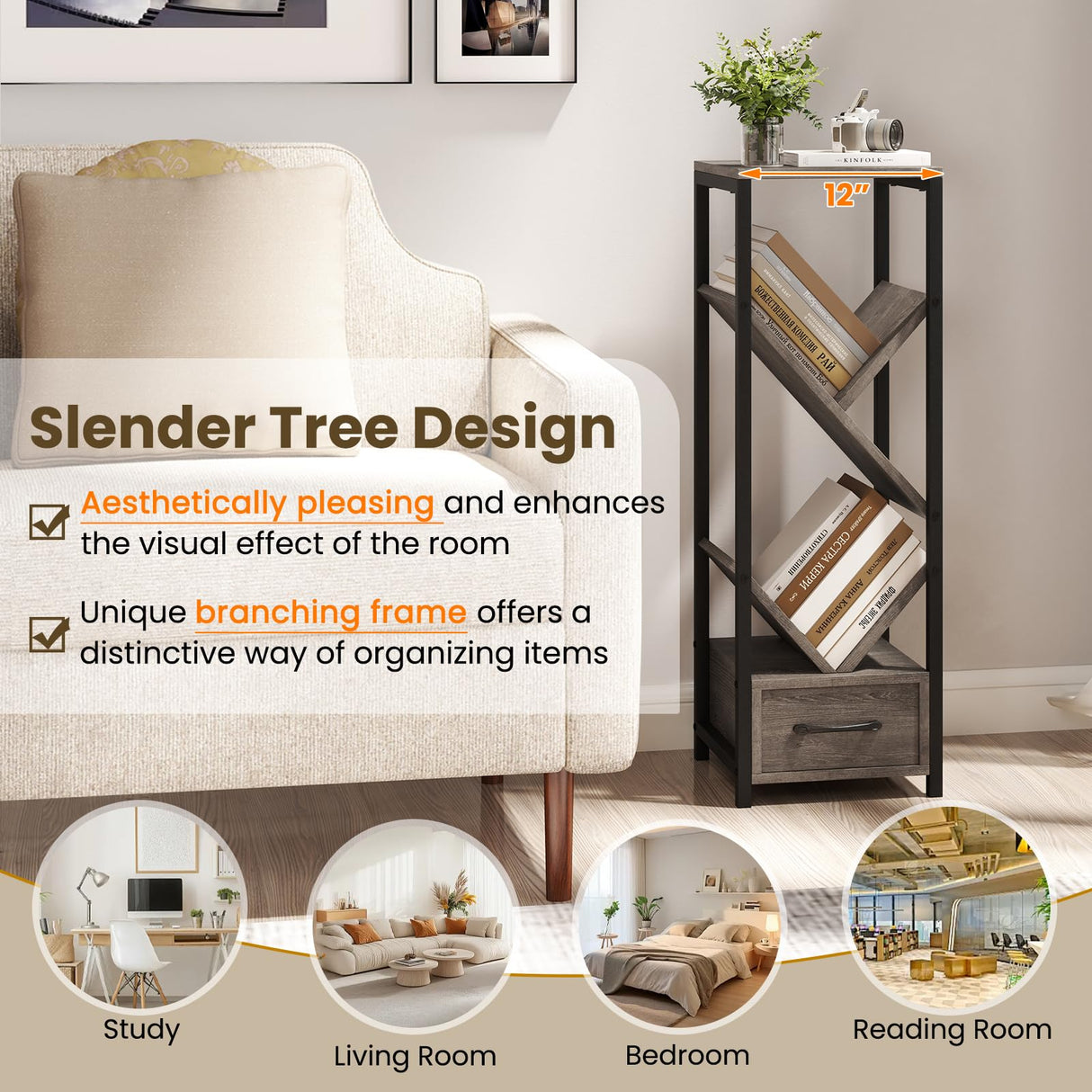 Giantex Tree Bookshelf with Drawer, 4-Tier Narrow Bookcase with Metal Frame, Tall Floor Standing Storage Organizer for Small Space, Wooden Display Shelves for Living Room, Bedroom, Study (1) Giantex