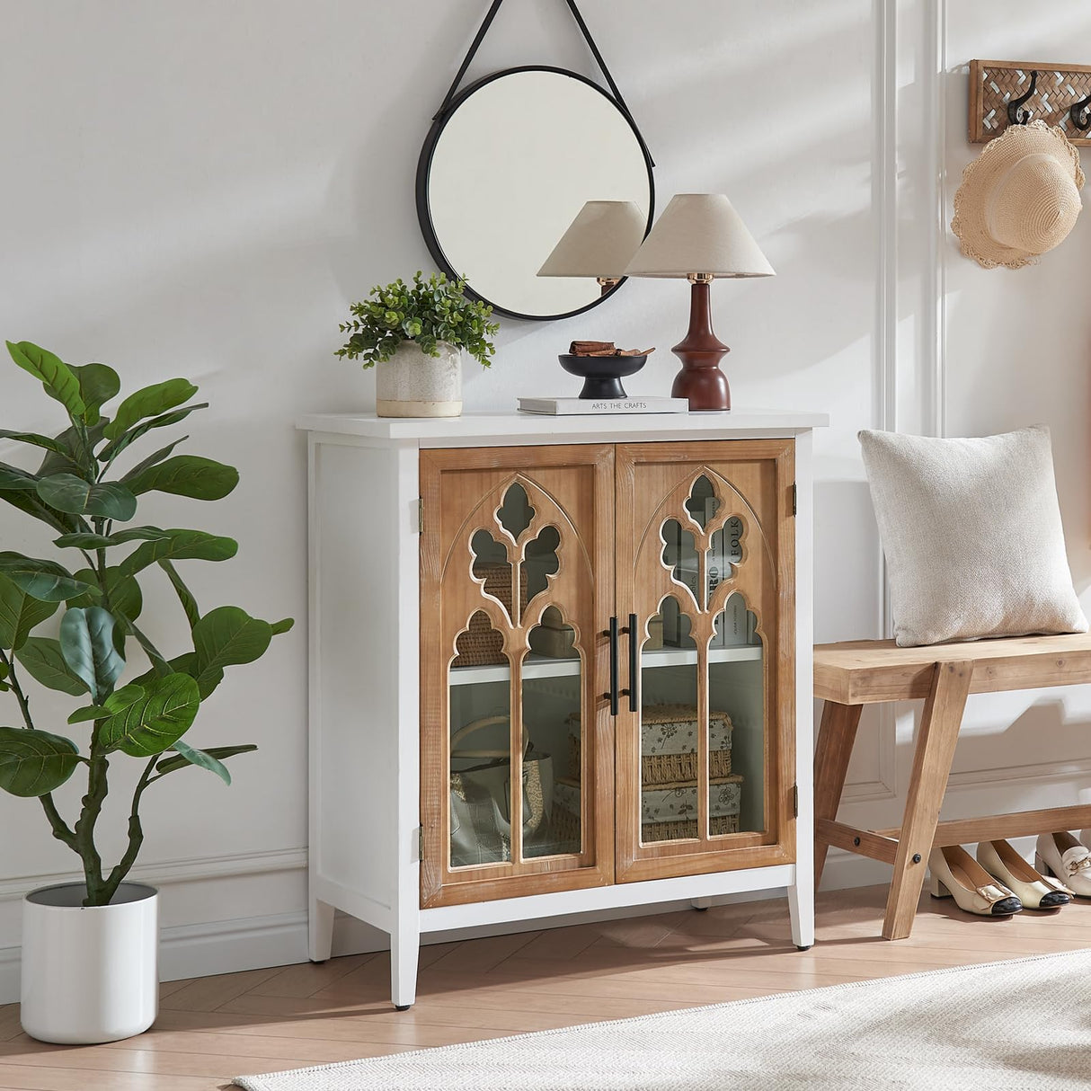 WINWY 30" Farmhouse Sideboard Buffet Credenza Cabinet, Decorative Accent Cabinet with 2 Carved Arched Glass Doors & Adjustable Shelf, Rustic Wooden Storage for Kitchen, Living Room(White,Set of 3) WINWY