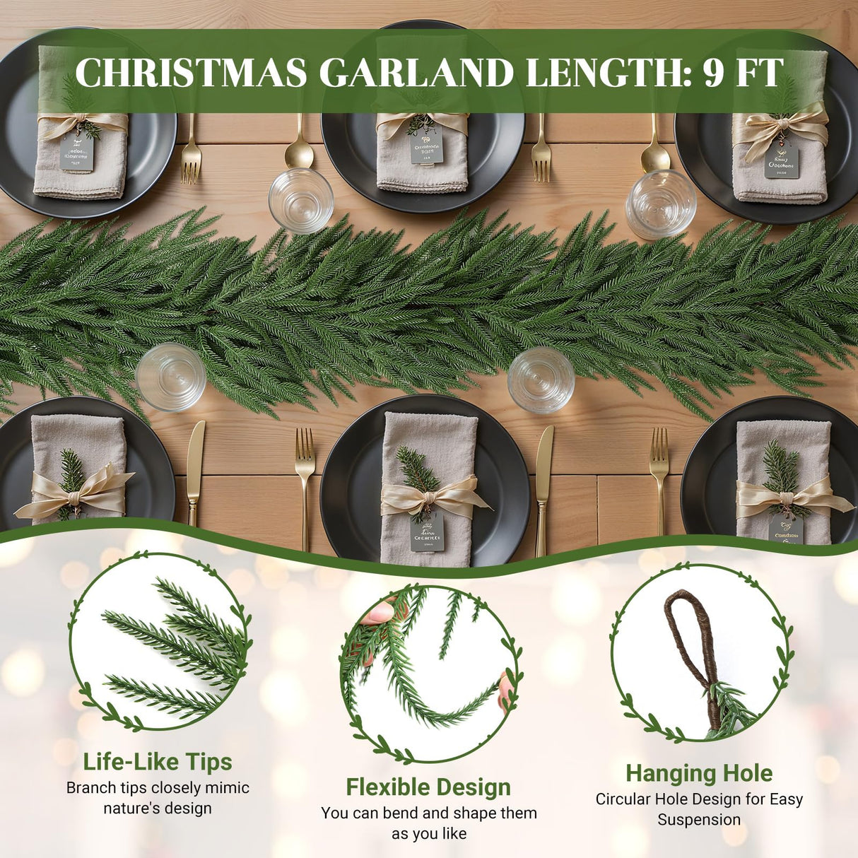 Alupssuc 9ft Christmas Garland, Real Touch Norfolk Pine Garland - Pine Garland, Artificial Greenery Christmas Garland for Mantle, Table, Fireplace, Indoor, Outdoor Christmas Decorations Alupssuc