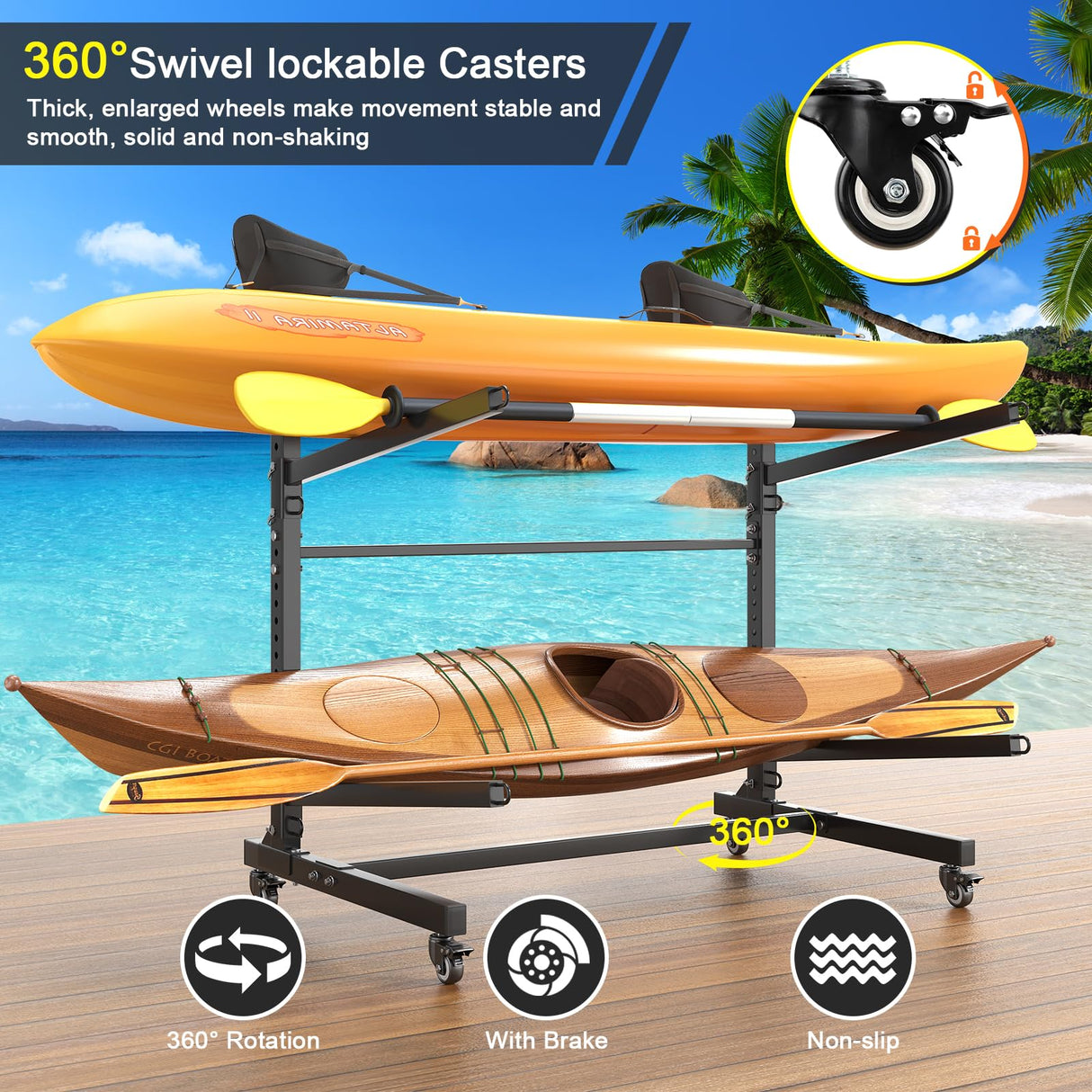 LotFun Kayak Storage Rack, Freestanding Heavy Duty Adjustable Kayak Stand Indoor Outdoor Storage Rack Garage, with Wheels and Foot Pad, for Kayaks, SUPs, Canoes, Surfboard(2 Levels) LotFun