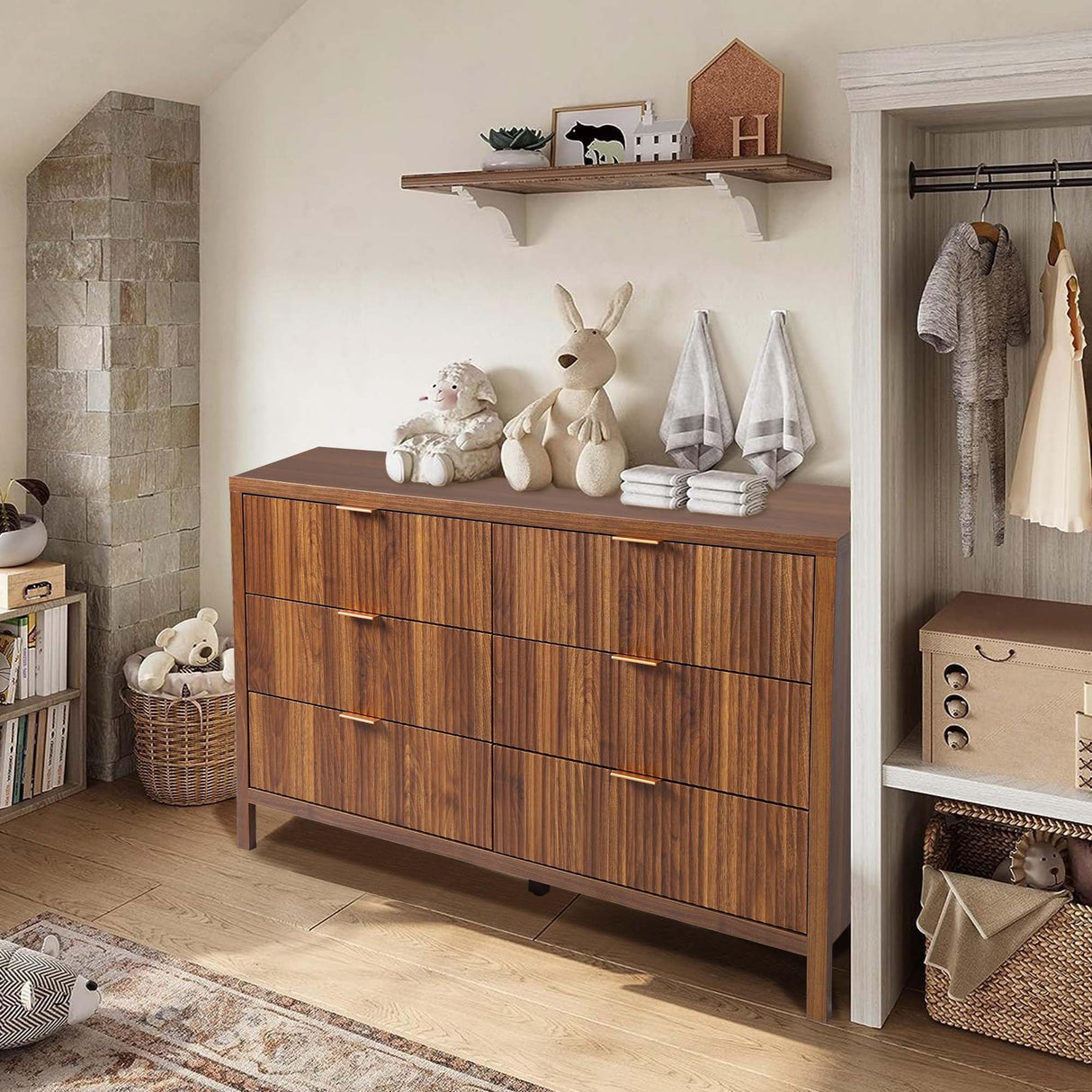 XUZENEST Fluted 6 Drawer Double Dresser for Bedroom, 47" Wide Modern Closet Dressers Chest of Drawers, Wood Storage Dresser Organizer for Nursery Bedroom Living Room Hallway Closet, Walnut XUZENEST