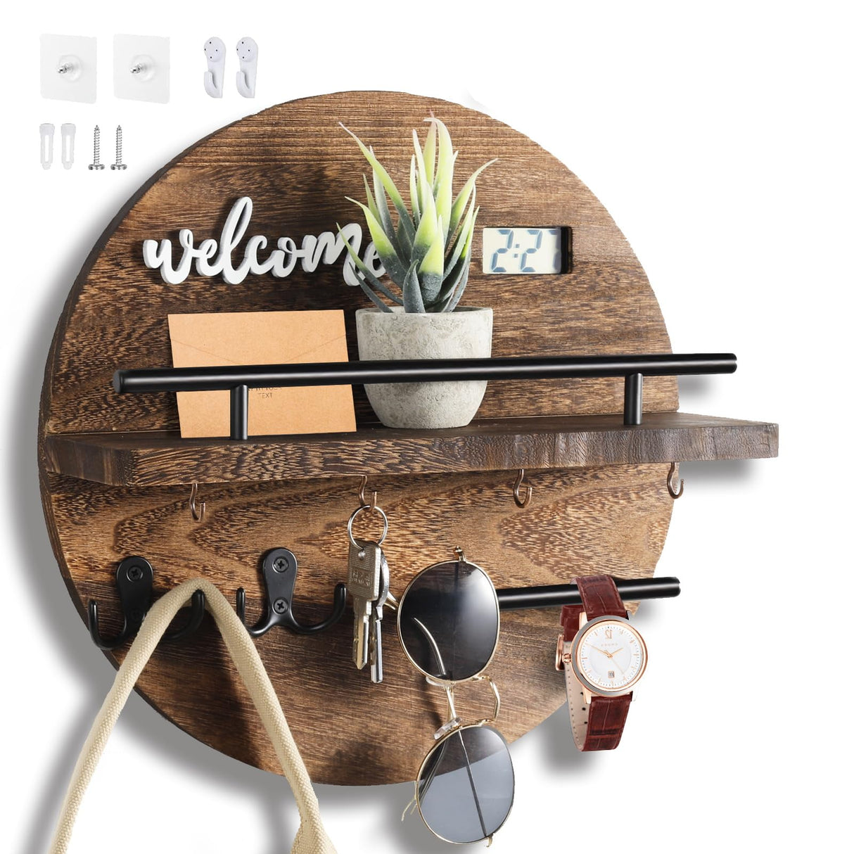 LEIRUOTM Key Holder for Wall, Key and Mail Holder Organizer with - Key Holder Wall Mount - Round Wooden Rustic Home Decor for Entryway, Mudroom, Hallway, Kitchen Office (Brown) LEIRUOTM