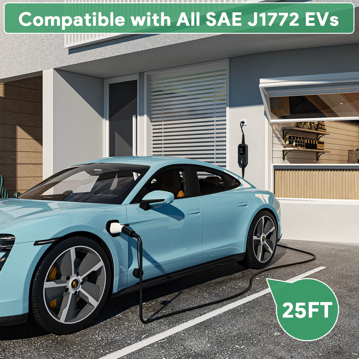 MEGEAR Level 1-2 EV Charger, 16A 25FT NEMA 6-20 Plug with NEMA 5-15 Adapter Portable Electric Vehicle Charging Station MEGEAR