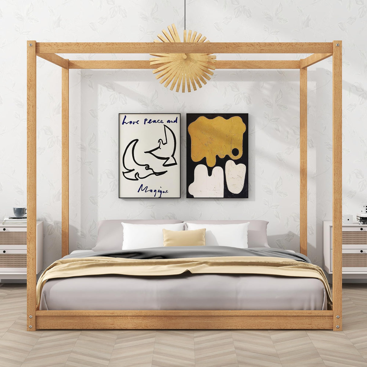 King Size Canopy Bed Frame, Wood Floor Canopy Bed Frame, Four Poster Canopy Platform Bed with Wooden Slats Support for Adults, Solid Wood 4-Poster Bed, Wood Floor Bed Frame with 4 Posters, Natural MaiDeHaoo