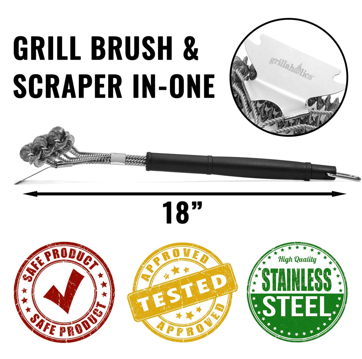 Grillaholics Grill Brush Bristle Free - Safe Grill Cleaning with No Wire Bristles - Professional Heavy Duty Stainless Steel Coils and Scraper - Lifetime Manufacturers Warranty Grillaholics