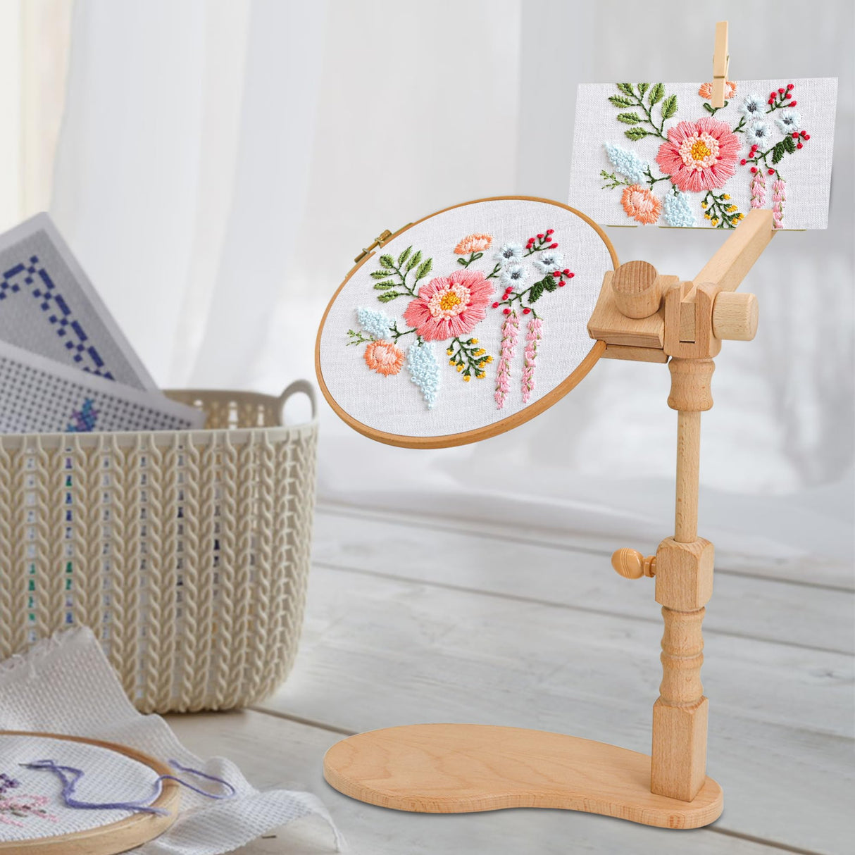 Embroidery Hoop Stand, 360° Adjustable Sitting Cross Stitch Stand, Easy to Use Wooden Embroidery Hoop Holder, Cross Stitch Stand for Art Craft Sewing Projects guofa