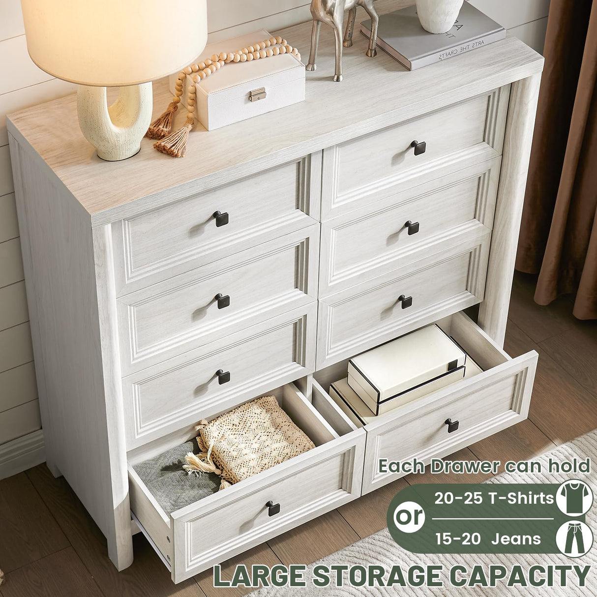 Standifurno Farmhouse 8 Drawers Dresser for Bedroom, 41" Tall Rustic Wood Chest of Drawers with Natural Texture, Metal Handle, White Storage Closet Dressers Organizer for Bedroom, Living Room, Hallway Standifurno