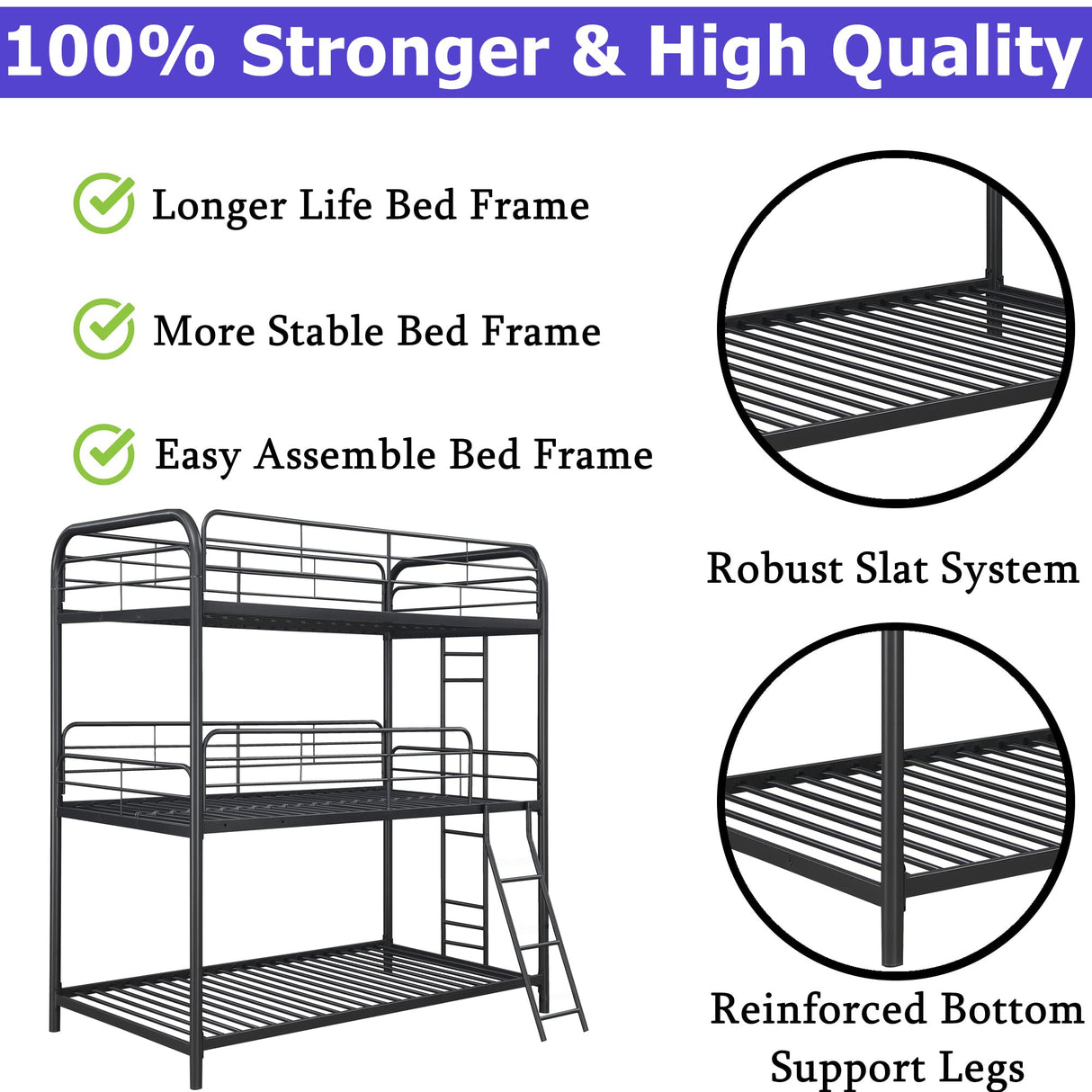 Movdevy Heavy Duty Metal Triple Bunk Beds for Adults and Kids and Teens, Modern Style Twin Over Twin Over Twin Size Triple Bunk Bed with Safe Guardrail, 3 Bunk Beds Easy to Assemble (Black) Movdevy