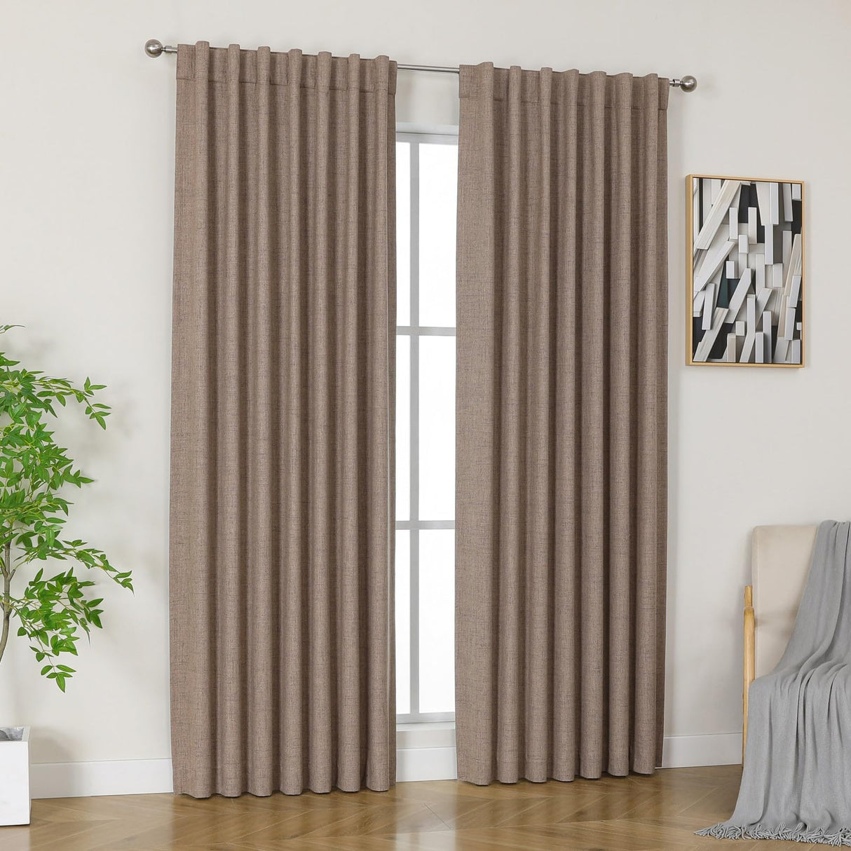 Airwill Blackout Curtains 108 inches Long Natural Linen Drapes 2 Panels Set,Thermal Insulated Back tab Rod Pocket(52x108 Inch,Linen) Airwill