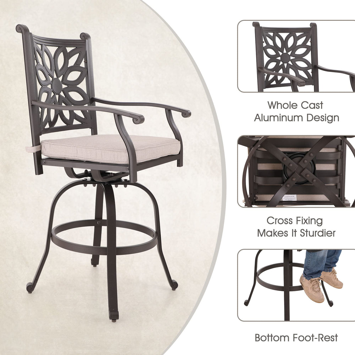 MFSTUDIO Cast Aluminum Bar Height Patio Dining Set of 7, Outdoor Table and Chairs Set with 1×54" Round Aluminum Patio Table and 6×Swivel Outdoor Bar Stool MFSTUDIO