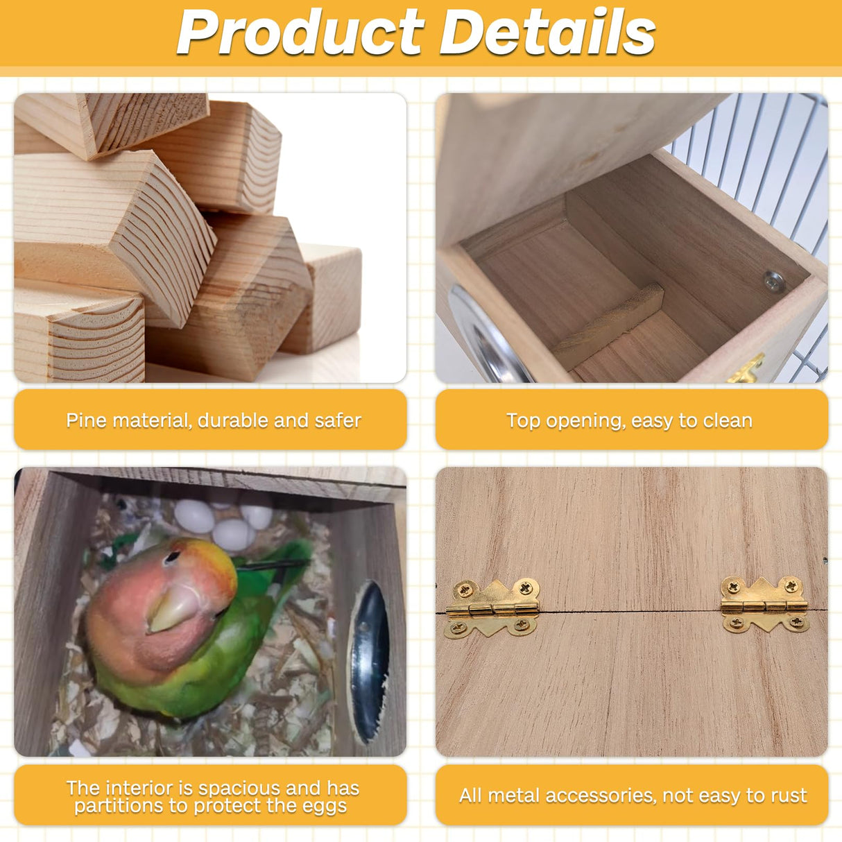 PINVNBY Parakeet Nesting Box Bird House for Cage Wood Mating Box Bird Breeding Box for Lovebirds, Cockatoo, Budgie, Finch, Canary Small and Medium Sized Birds (L:9.8 * 5.3 * 5.3 inch) PINVNBY