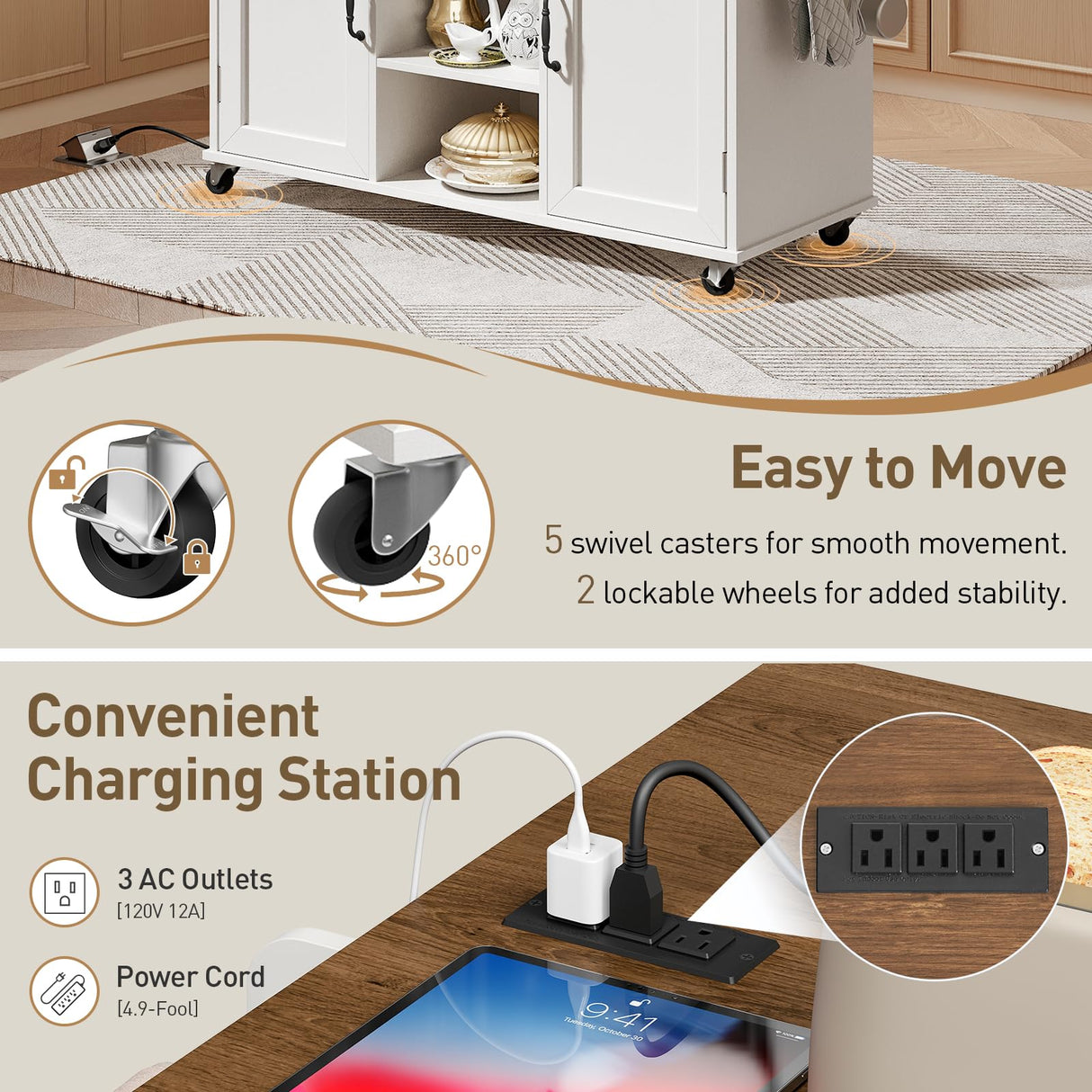 RALGEND Kitchen Island with Power Outlets & Drop Leaf, Kitchen Cart with Storage, Drawer and Spice Rack, Tower Rack, Island Table, White and Walnut RALGEND