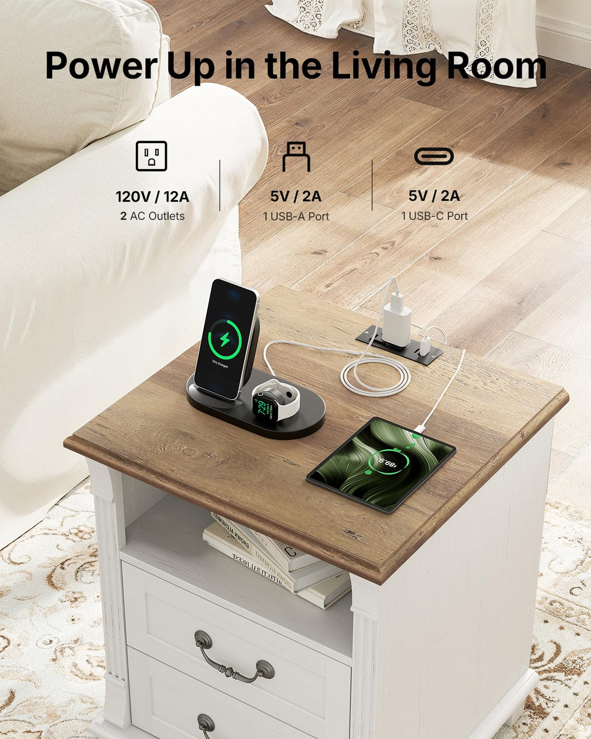 Amada Farmhouse Nightstand with Charging Station, 2 Drawers Wood Side Table Roman Column Style, Vintage Bedside Table for Bedroom with Open Shelf (Oak and White, 1Pack) AMADA HOMEFURNISHING