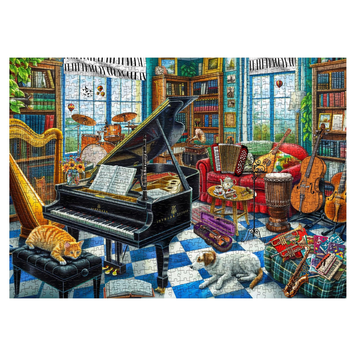 Music Room Puzzles for Adults 1000 Pieces, Pretty Musical Art Jigsaw Puzzles, Funny Cat Dog Puzzles BBOLDIN