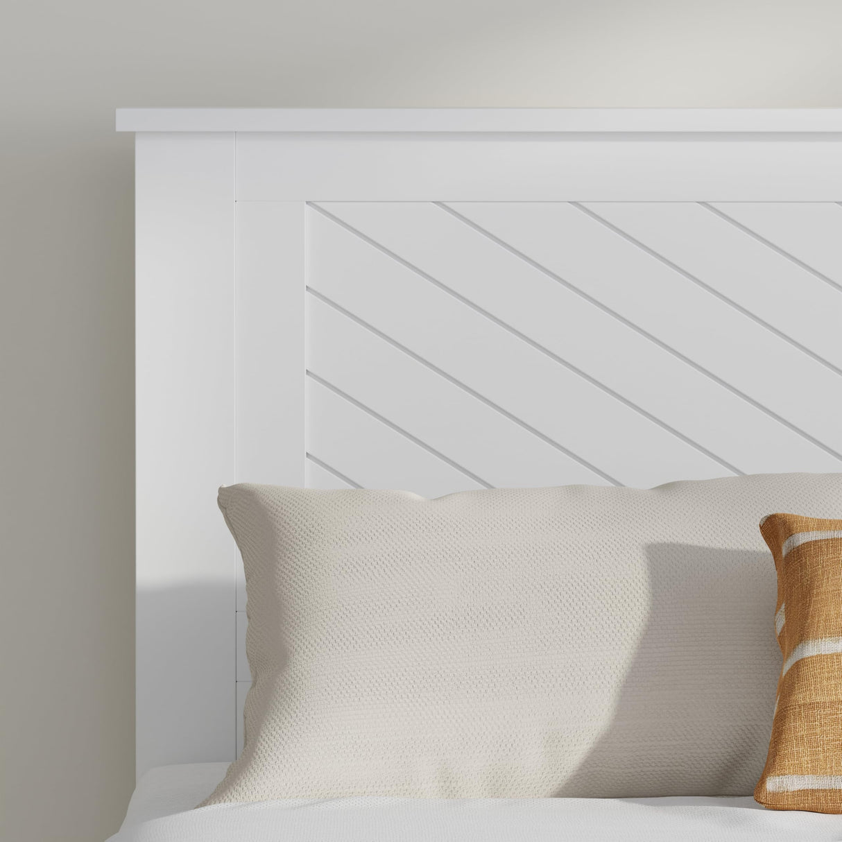 ComfIQ Serene Farmhouse Style Wood Bed in Full Size with Chevron Scoring Headboard, Coastal Modern Design, Sturdy, Easy Assembly, Ample Underbed Storage, White Finish ComfIQ