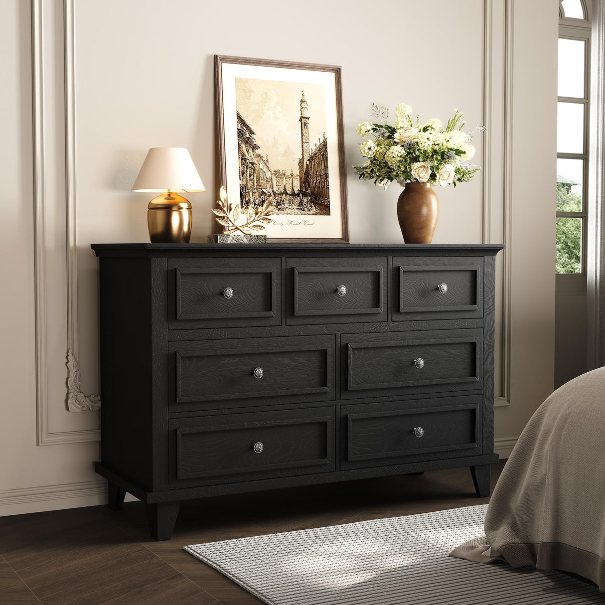 IDEALHOUSE 7 Drawer Dresser, Large Wooden Storage Chest of Drawers with Exquisite Metal Handles, 47" Wide Dresser TV Stand, Drawer Organizer for Bedroom, Living Room, Hallway, Entryway, Black IDEALHOUSE