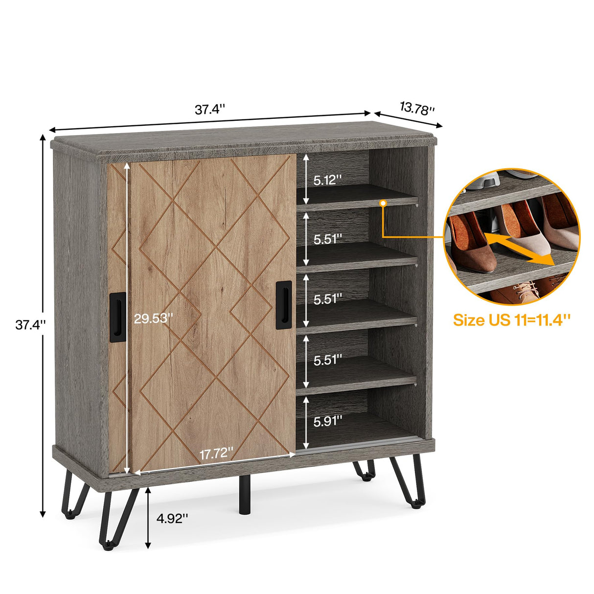 Tribesigns Shoe Cabinet with Sliding Doors, 5-Tier Wood Shoe Organizer Cabinet with Adjustable Shelves, Modern Shoe Rack Shoe Storage Cabinet for Entryway, Hallway, Living Room, Grey+Brown Tribesigns