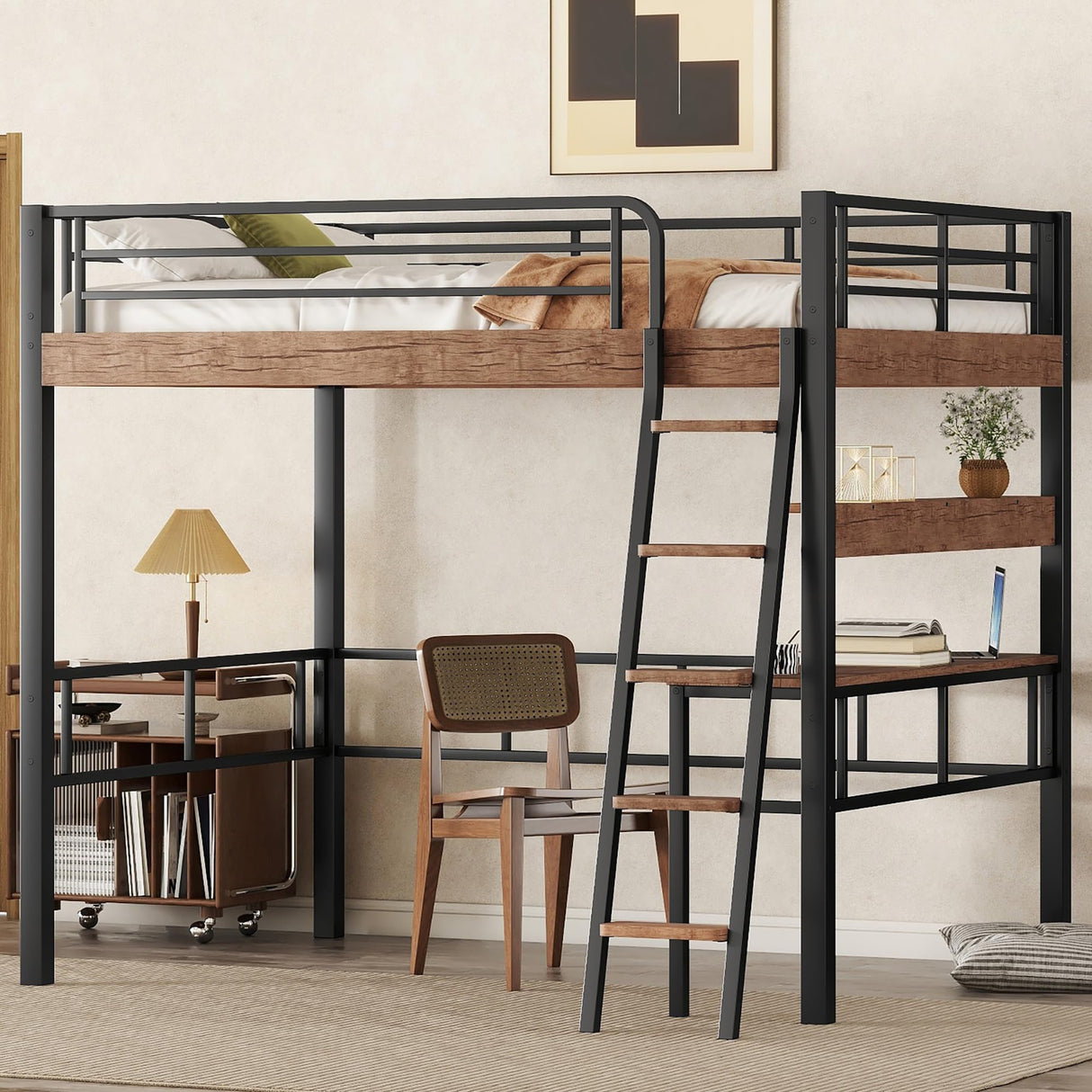 Full Size Loft Bed with Desk and Storage Shelf, Metal Loft Bed Full Size with Buil in Ladder and Full Length Guardrail, Full Size Loft Bed for Kids, Teens, Black Loft Bed Full Bellemave