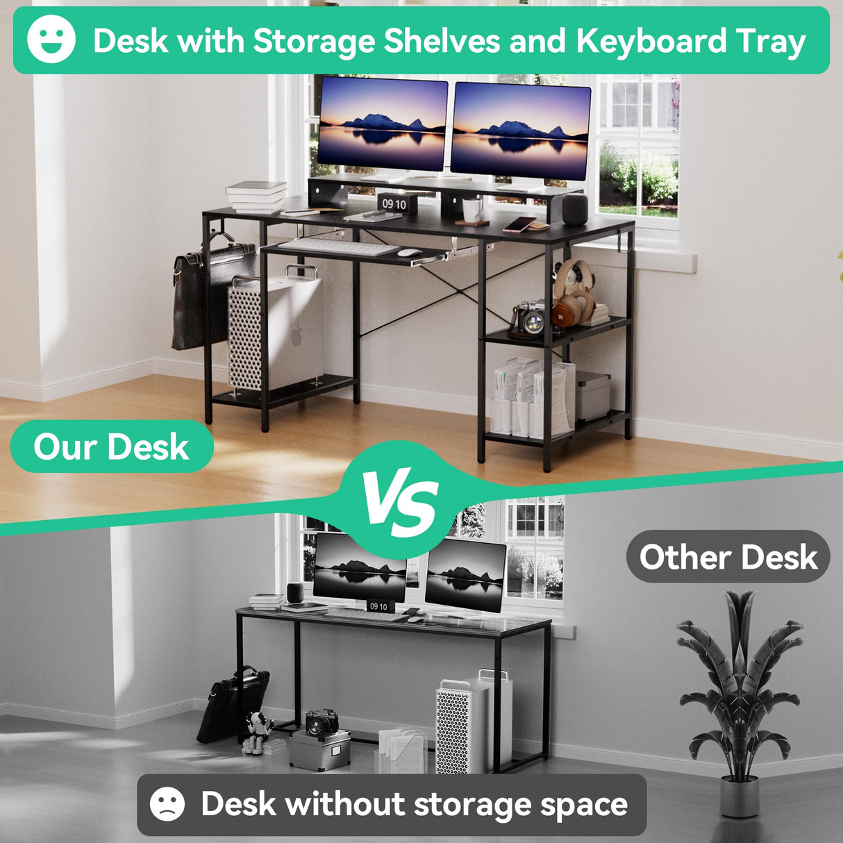 HYPIGO Workstation Desk with Keyboard Tray, 55 Inch Computer Desk with Storage Shelves Monitor Stands and 4 Iron Hooks, Industrial Desk for Home Office HYPIGO