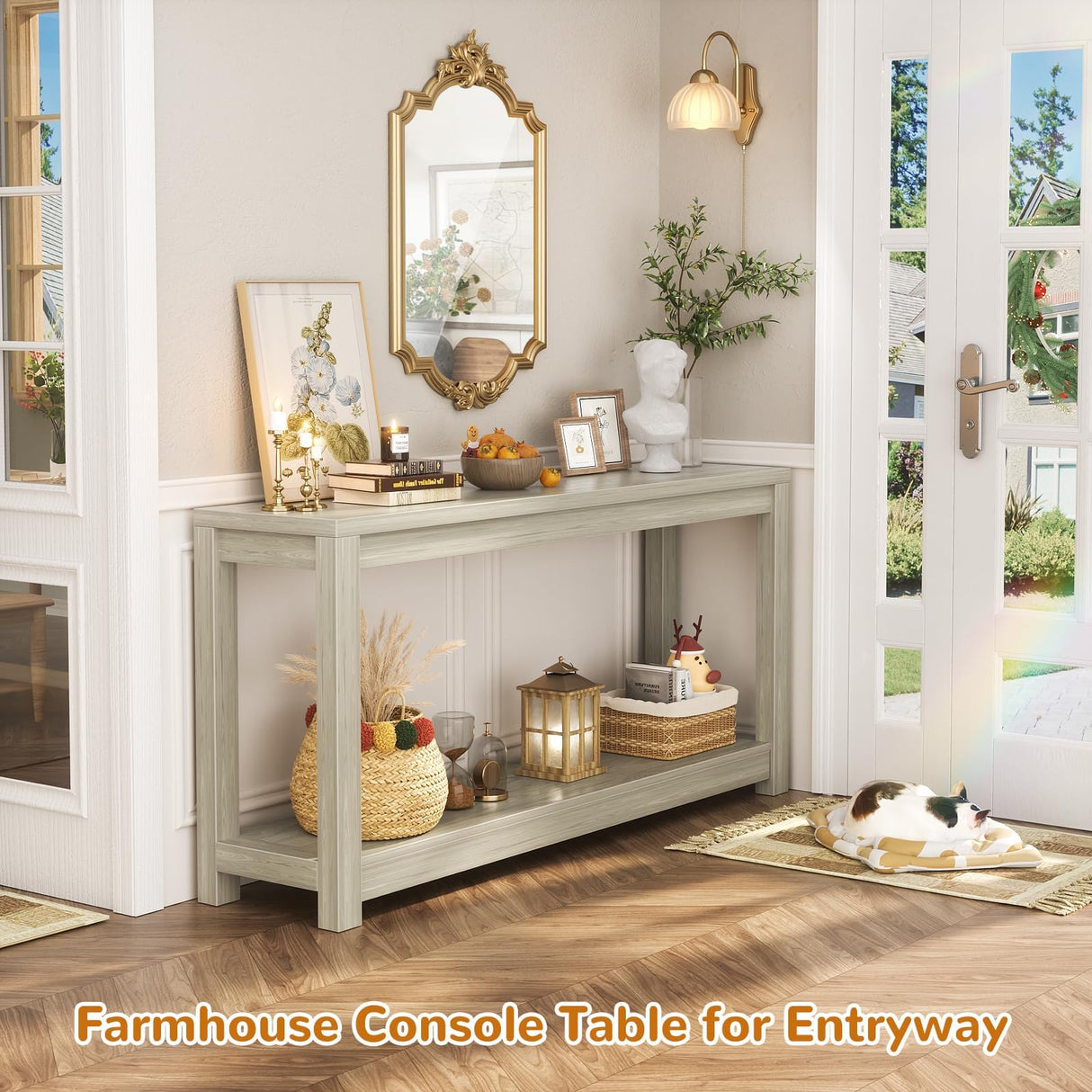 Besiost 47" Farmhouse Wood Entryway Table Narrow Console Table with Storage Behind Couch Sofa Table with Shelves Entry Way Table with Open Storage, Easy Assembly, Classical Washed Oak Besiost