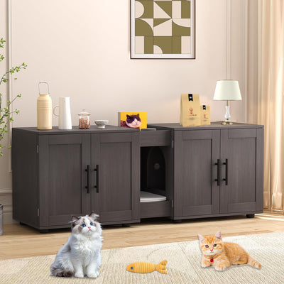 Cat Litter Box Enclosure Furniture for 2 Cats, 55" Large Hiddden Cat Litter Box Enclosure Furniture 3-IN-1 Wooden Cat Litter Cabinet with Barn Door & Double Rooms for Bedroom Living Room, Walnut