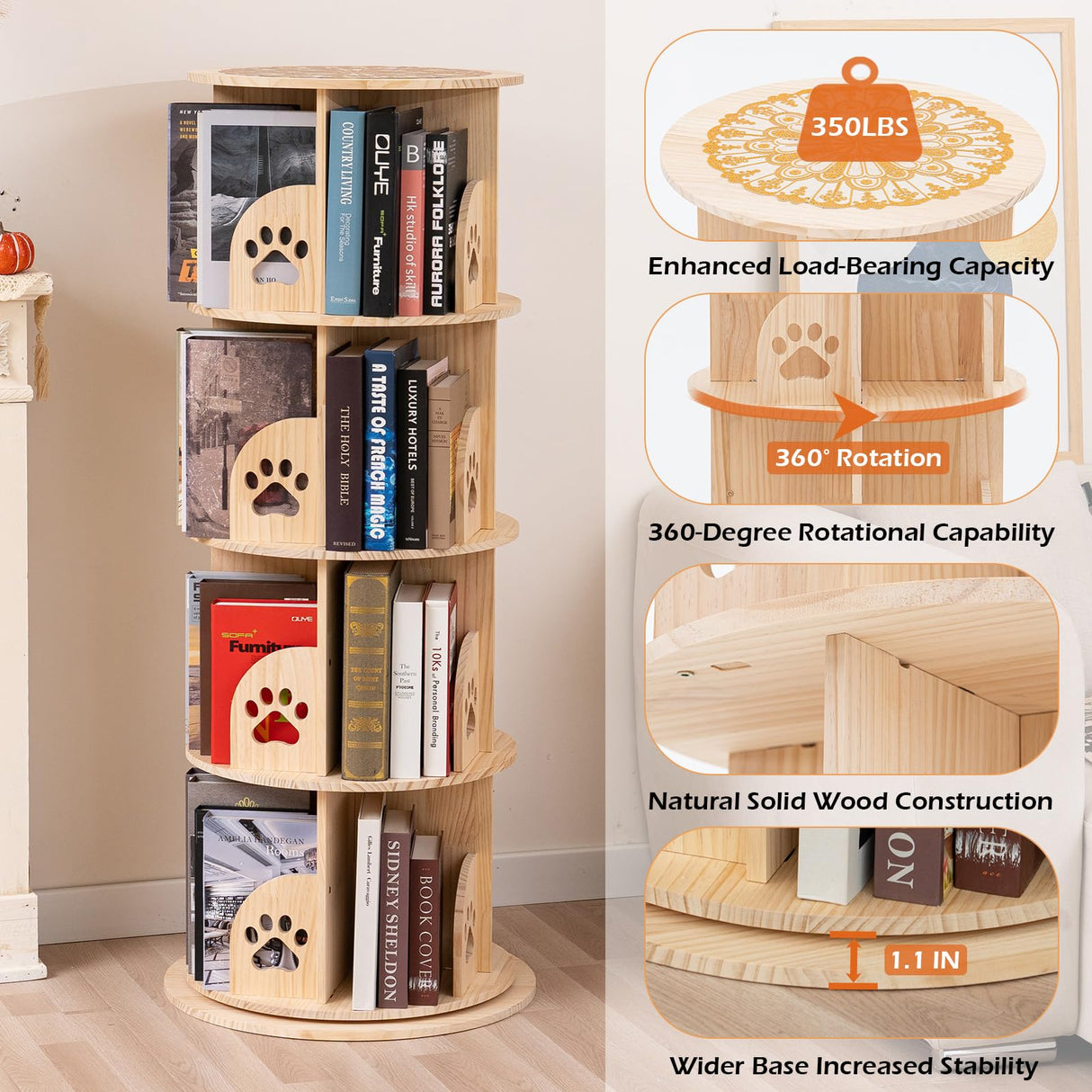 BUYWAY 360° Rotating Solid Wood Bookshelf Tower - Versatile 4-Tier Bookcase for Kids & Adults BUYWAY