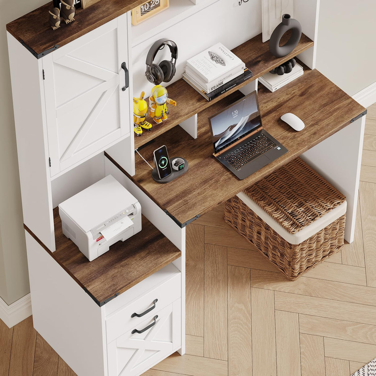 Farmhouse Executive Desk 51" Computer Desk with 2 Drawers Storage Cabinet and RGB LED Lights Power Outlets, Wood Home Office Desk with Hutch and Monitor Stand for Work Study Writing Halitaa