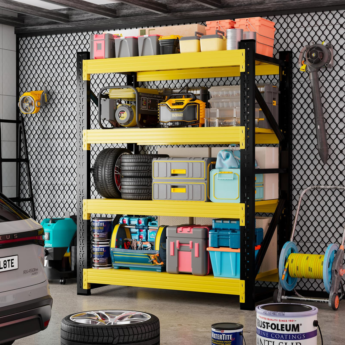 Kobito 4000LBS Garage Storage Shelves, 47" W Garage Shelving Heavy Duty Adjustable Shelving Unit, 4 Tier Metal Utitly Shelves Industrial Shelving for Warehouses,Basement,Black Yellow Kobito