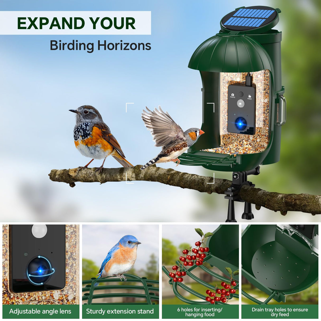 Relassy Bird Feeder with Camera, Waterproof Smart Bird Feeder with Camera Solar Powered for Outdoors, Rechargeable & Detachable 110° Bird Feeder Camera, Auto Capture Bird HD Videos & Photos, Green Relassy