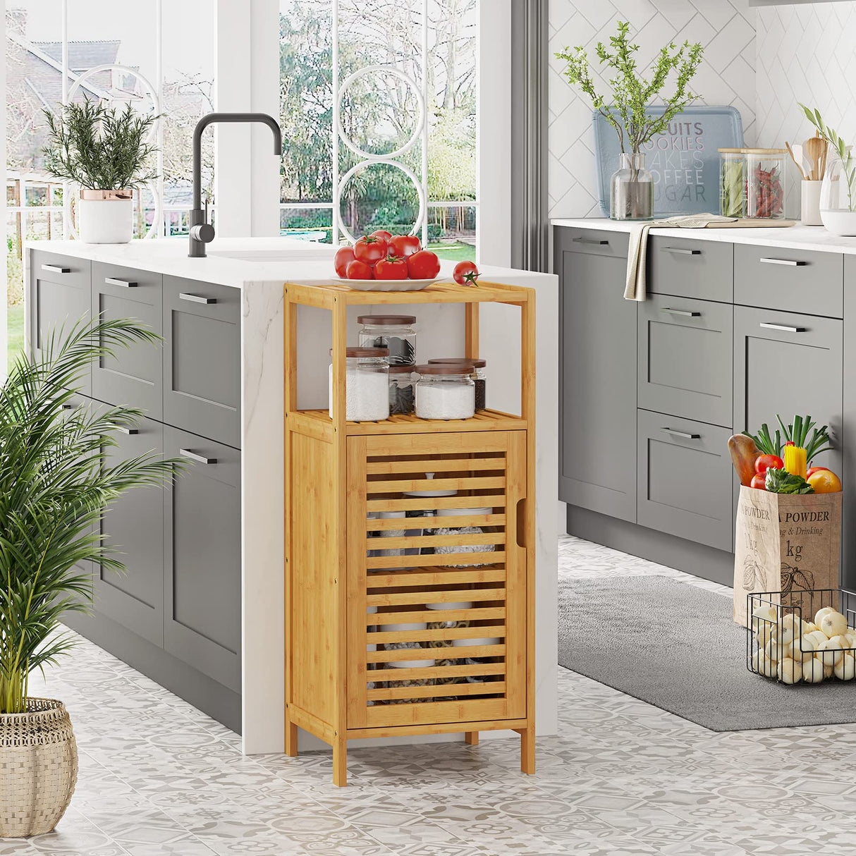 VIAGDO Bamboo Cabinet, Bathroom Storage Cabinet with Single Door and Shelf, Freestanding Bathroom Cabinet, Kitchen Cupboard, Sofa Side Table for Living Room/Hallway/Kitchen VIAGDO