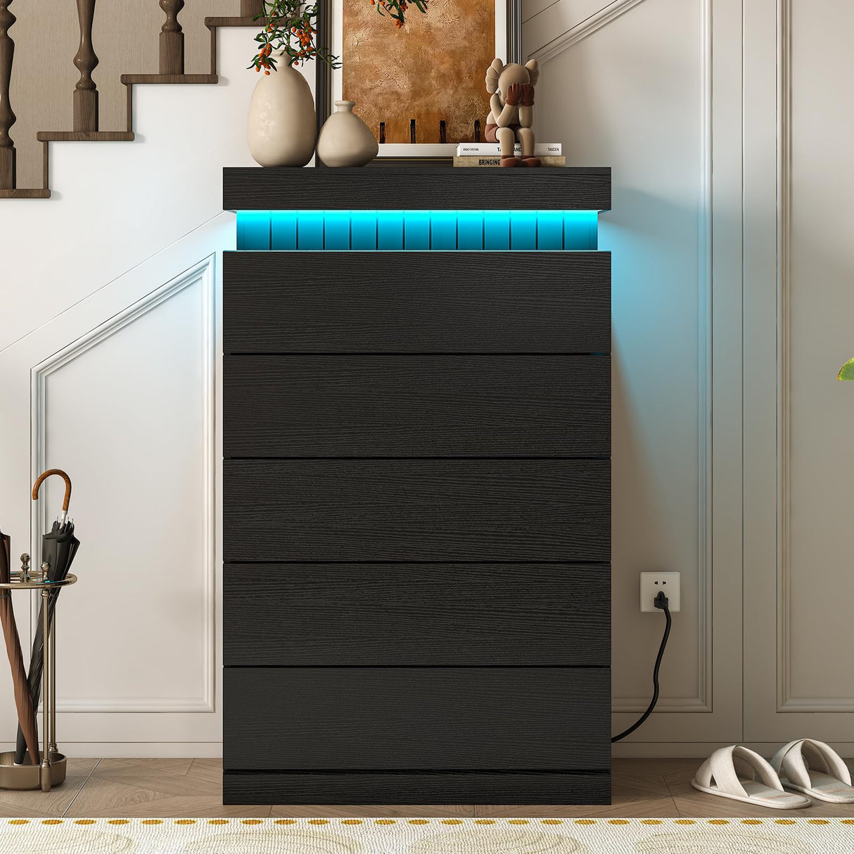 UPOSOJA Tall Black Dresser for Bedroom, Modern 5 Wood Drawers with LED Light and Power Outlet, Floating Dressers for Closet, Large Chest of Drawer for Living Room, Hallway, Entryway UPOSOJA