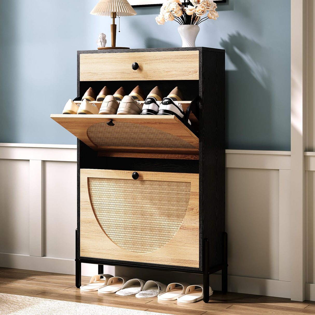 IRONCK Shoe Cabinet with 2 Flip Drawers, Shoe Storage Cabinet for Entryway, Free Standing Shoe Storage Organizer with Rattan Doors Slim Narrow Shoe Rack Cabinet, Black IRONCK