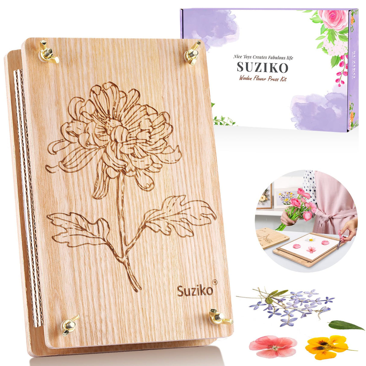 Suziko Large Flower Press Kit 10.8 x 6.9 inch for Adults Kids, Flower and Plant Preservation Kit, Arts and Crafts for Adults Leaf Press, Great Gift for Lovers Suziko