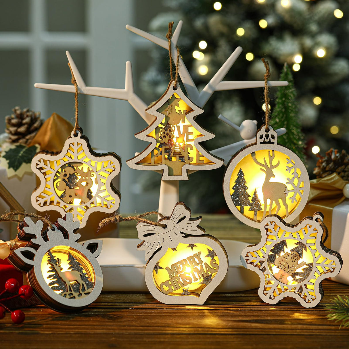 Anglechic 6 Pcs LED Christmas Tree Ornaments Rustic 3D Light up Wooden Christmas Hanging Ornaments Xmas Farmhouse Reindeer Santa Claus Snowflake Decor with Lights for Winter Wonderland Decorations Anglechic