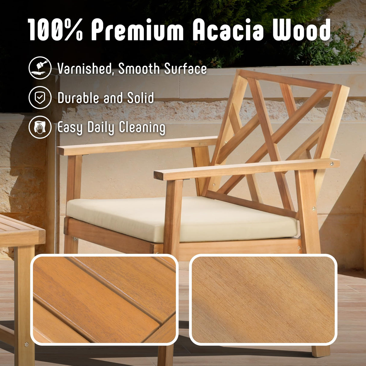 Werph Outdoor Patio Furniture Set, 4 Piece Patio Sofa Bench and 2 Single Sofa Chairs with Table & Padded Cushions, Acacia Wood Outdoor Patio Lounge Conversation Set for Deck Backyard Balcony Werph