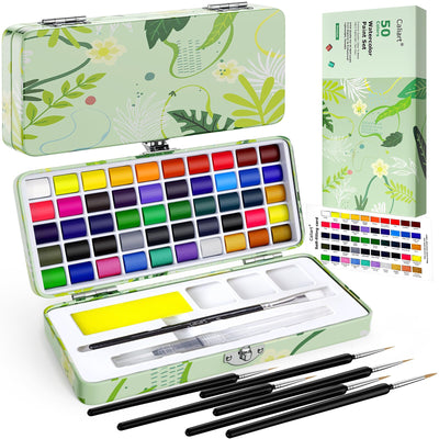 50 Colors Washable Watercolor Paint Set with 6 Brushes, Portable Travel Water Color Kit with Carrying Case, Palette and Accessories, Non-Toxic Art Supplies Gift for Artists Adult Teen Kids Girls Boys