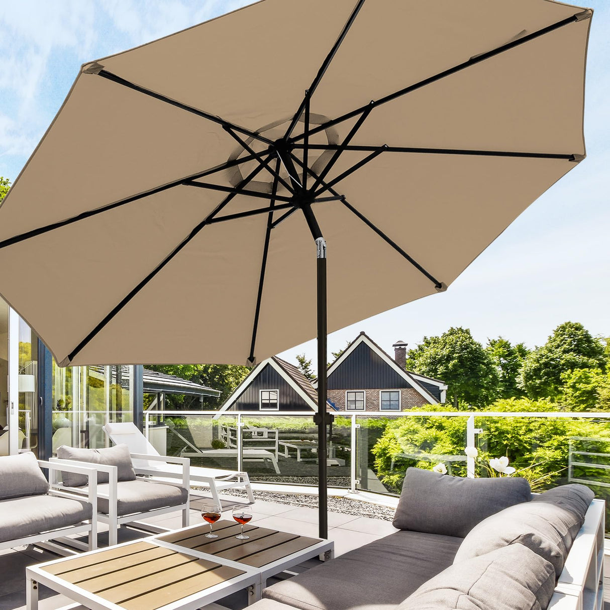 wikiwiki 10FT Patio Umbrellas with Base Included, Outdoor Umbrella with Sandbag Base, 8 Sturdy Ribs, Fade Resistant Waterproof POLYESTER DTY Canopy for Garden, Lawn, Deck, Backyard & Pool,Tan wikiwiki