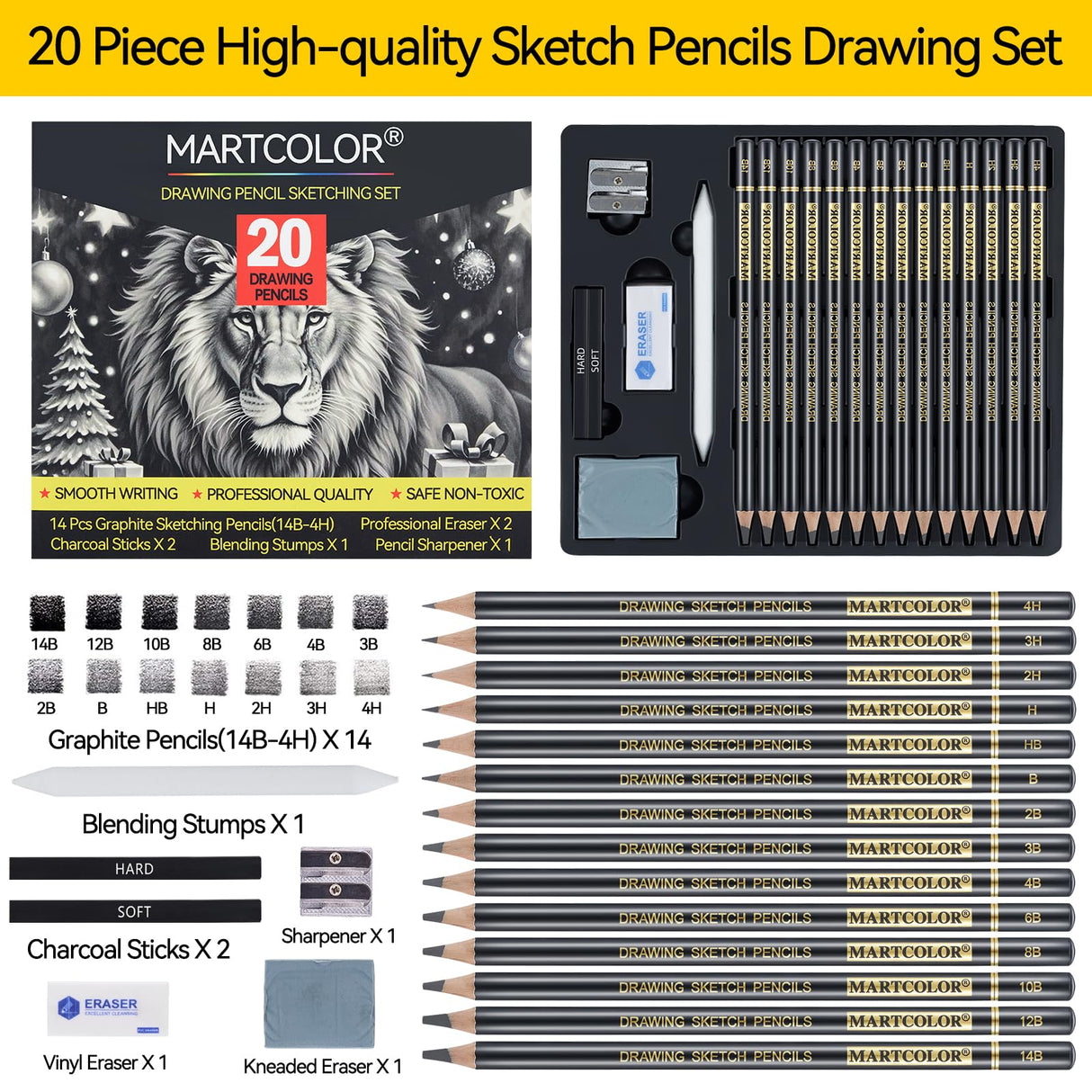 MARTCOLOR Drawing Sketching Pencil Set, 20 Pieces, Graphite Pencils (14B-4H), Charcoal Sticks, Stump, Eraser, Sharpeners, Ideal for Drawing Art, Sketching, Artist Pencils for Beginners & Pro Artists MARTCOLOR