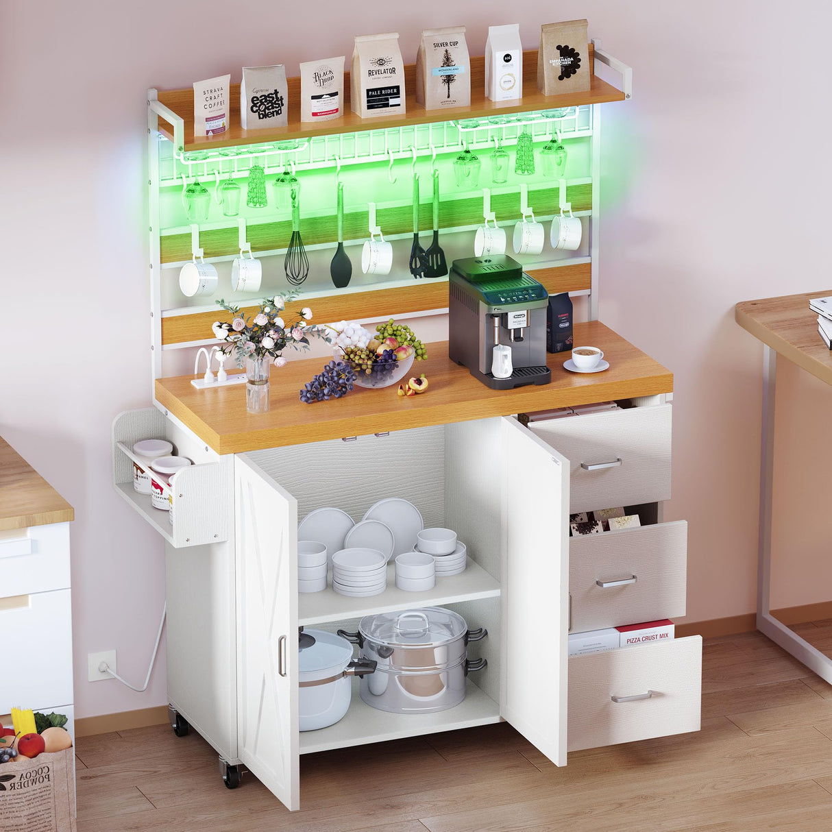 DWVO Farmhouse Bakers Rack with Power Outlet and LED Light, 53 inch Coffee Bar Cabinet Station with Storage, Microwave Stand on Wheels, with Wine Racks, Shelves, Goblet Holder and 14-S Hooks (White) DWVO