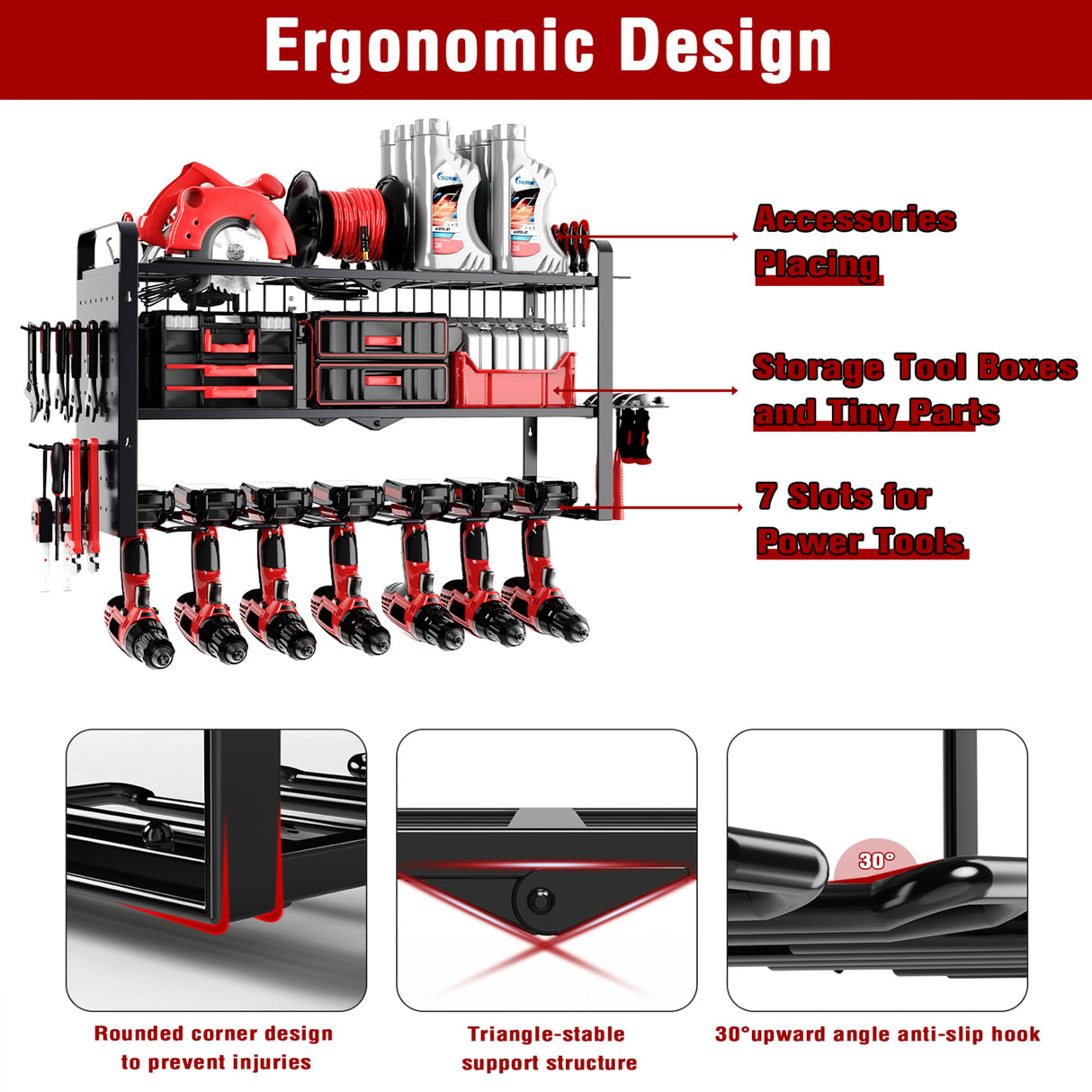 Power Tool Organizer Wall Mount - Pegboard with 7 Drill Holder - Heavy Duty Metal Tool Shelf for Garage Organization Toyear