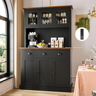 MU 71" Kitchen Pantry Cabinet with Charging Station, Tall Kitchen Hutch with Countertop, Drawers & Microwave Shelf, Food Storage Cabinet for Dining Room & Coffee Bar, Black